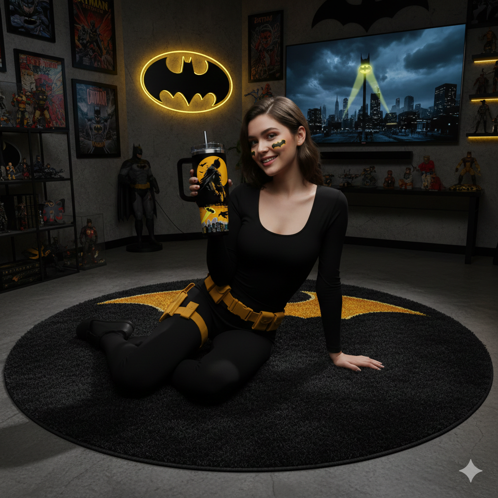 System Of A Down 2026 40oz Tumbler 72 Woman posing in a Batman themed room holding a black and yellow tumbler!