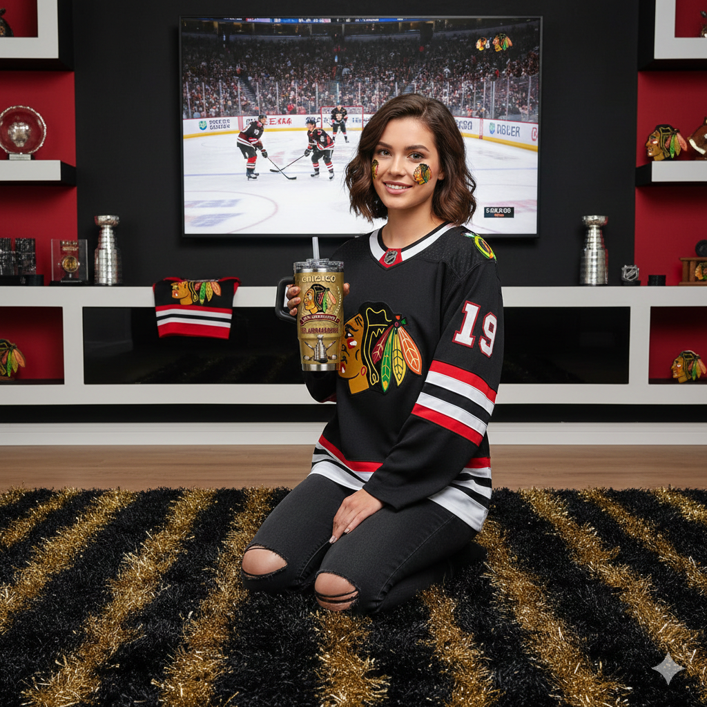 System Of A Down 2026 40oz Tumbler 80 A Chicago Blackhawks fan holding a centennial anniversary tumbler at home!