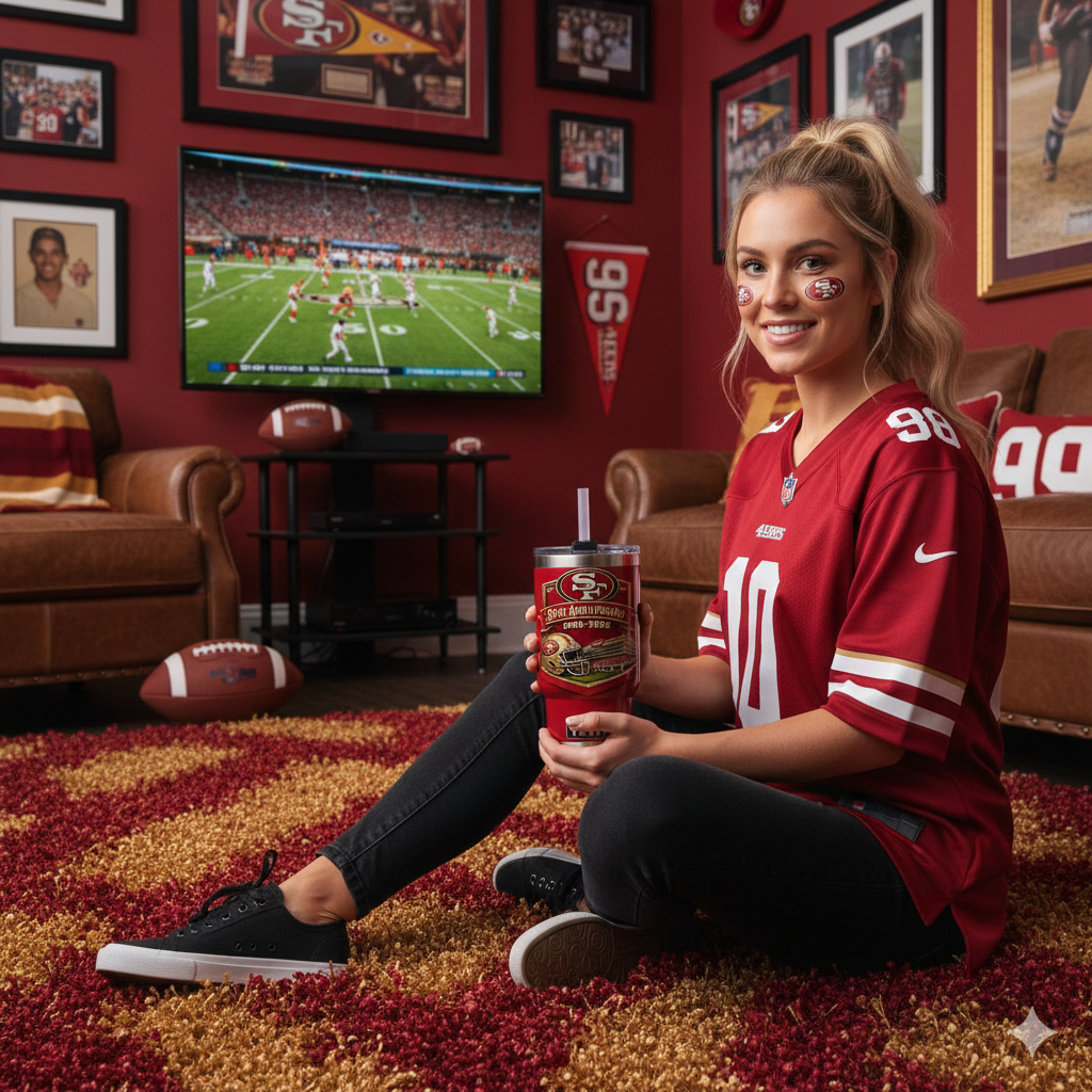 System Of A Down 2026 40oz Tumbler 74 San Francisco 49ers fan holding commemorative tumbler in living room