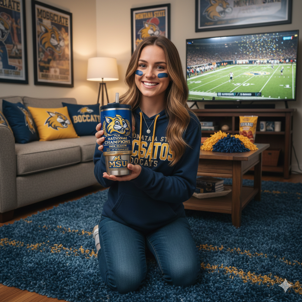 System Of A Down 2026 40oz Tumbler 76 Woman holding Montana State Bobcats championship tumbler at home!