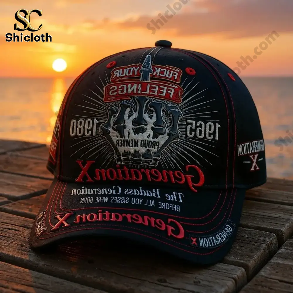 Black Generation X cap with bold skull graphic and red stitching!