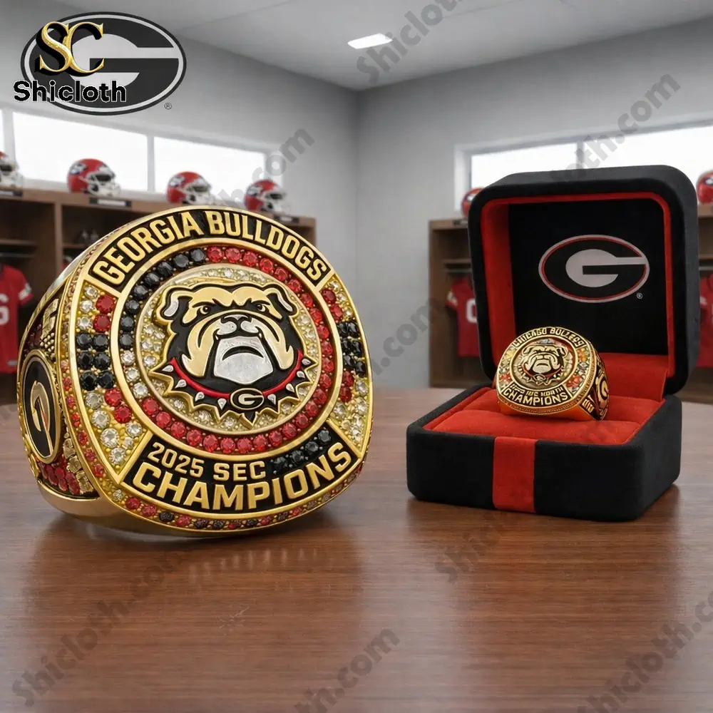 Large Georgia Bulldogs championship ring on table in locker room!