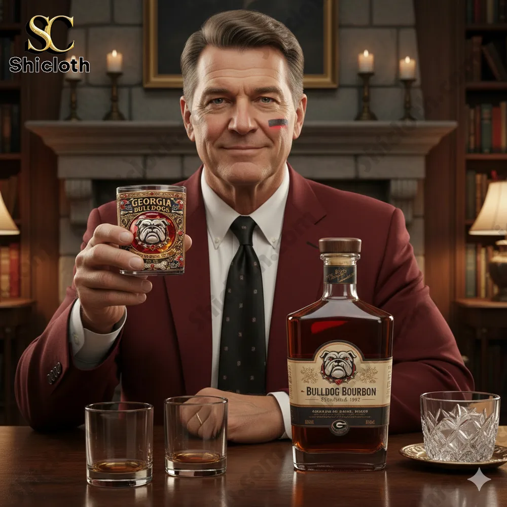 A man in a suit holding a Georgia Bulldogs bourbon glass on a wooden table!