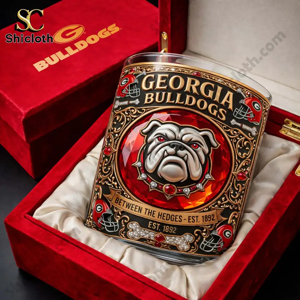 Georgia Bulldogs themed bourbon glass displayed in a red gift box!