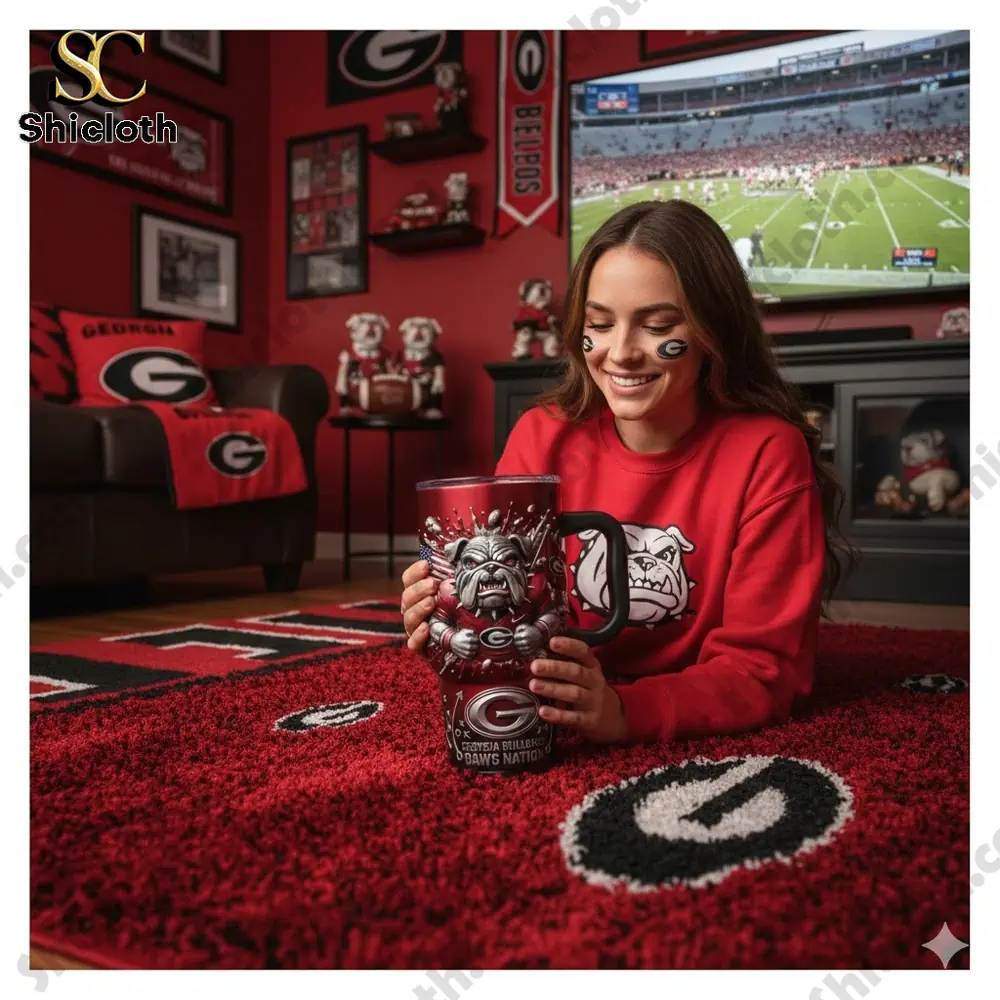 Woman holding Georgia Bulldogs tumbler in a red themed fan room!