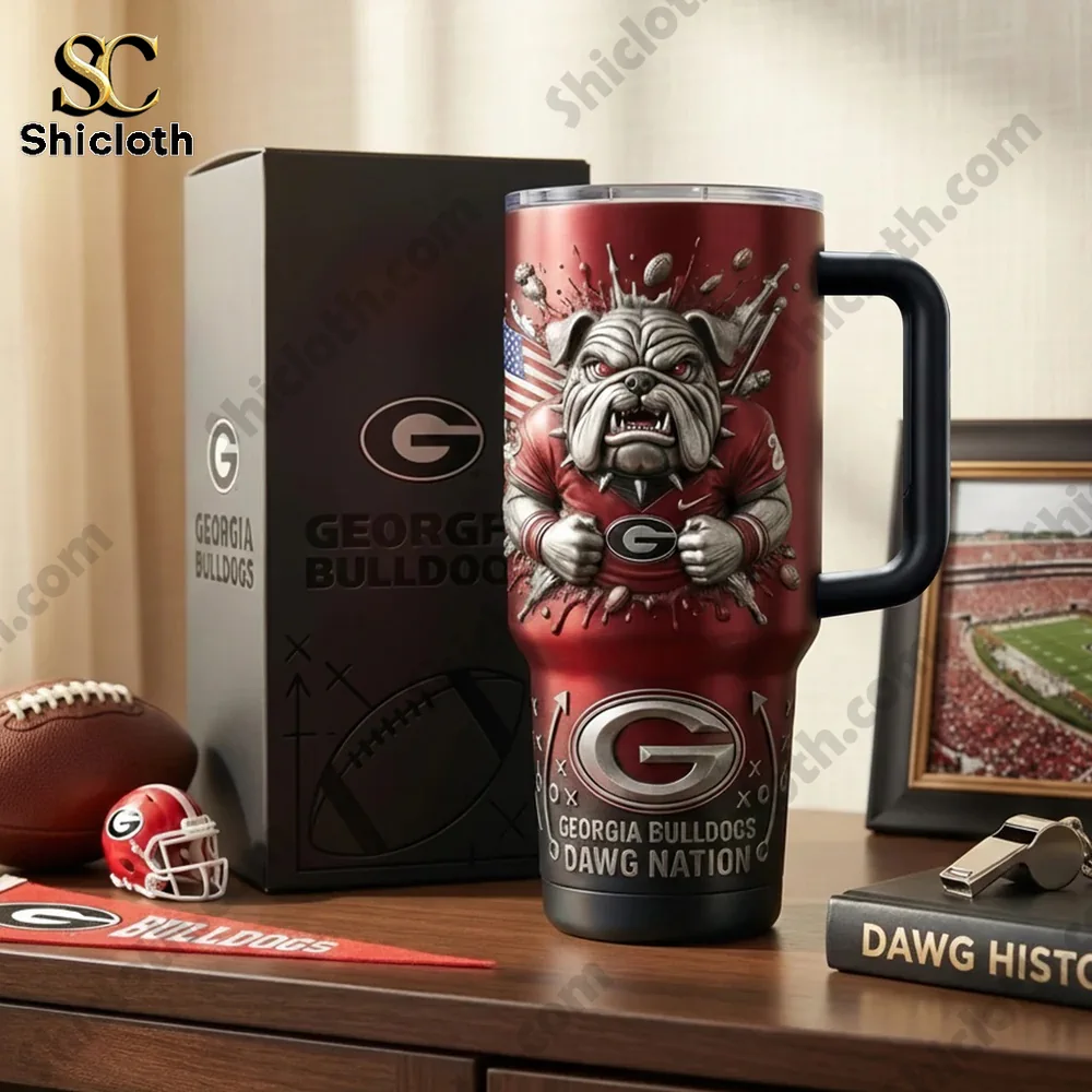 Georgia Bulldogs tumbler displayed on table with gift box!
