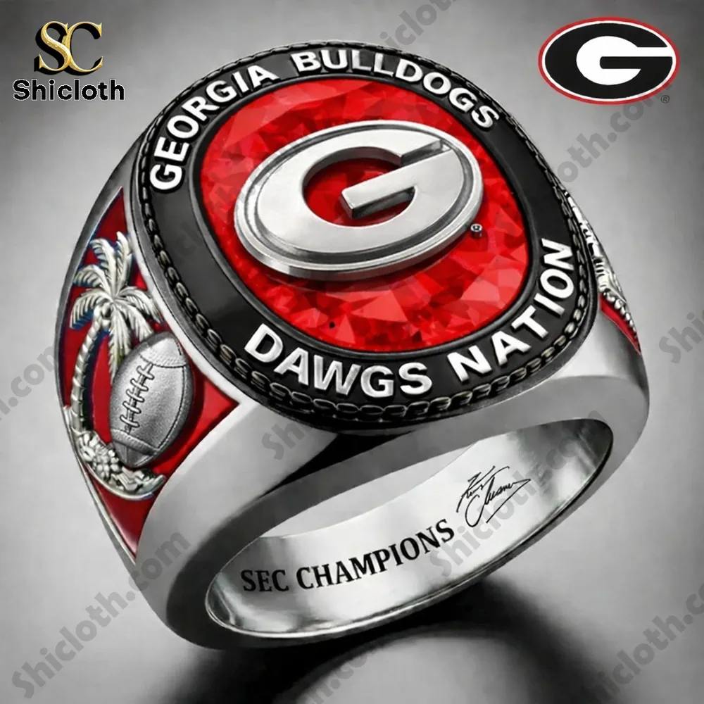 Silver Georgia Bulldogs championship ring with red center and Dawgs Nation text!