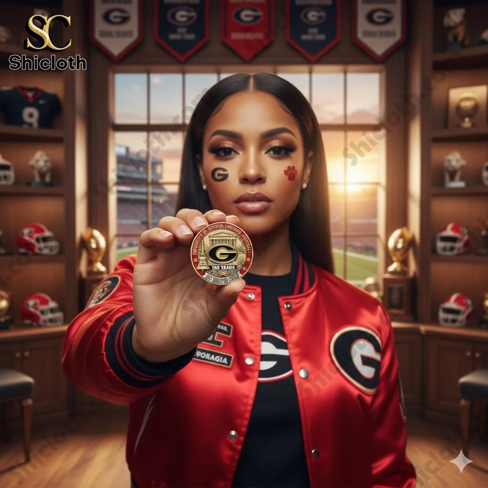 Georgia Bulldogs Football 133rd Anniversary Commemorative Coin 3 Woman holding Georgia Bulldogs football commemorative coin indoors!