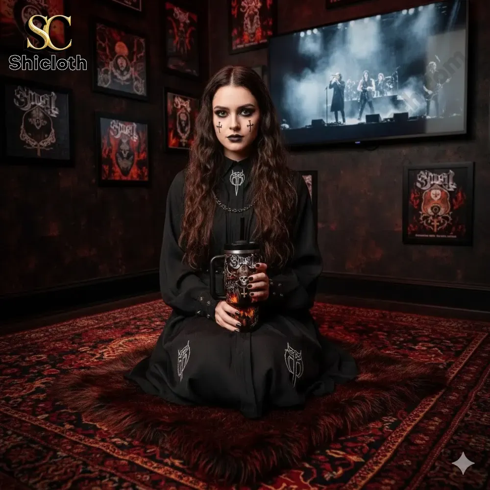 System Of A Down 2026 40oz Tumbler 54 Gothic woman holding Shicloth Ghost skull mug in dark music themed room!