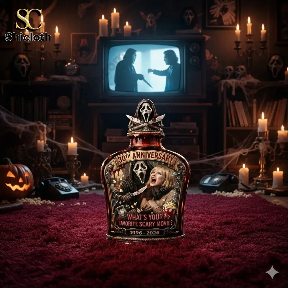 Demogorgon Sculpted Whiskey Glass 20 Horror themed anniversary bottle with masked figure in cinematic room scene!