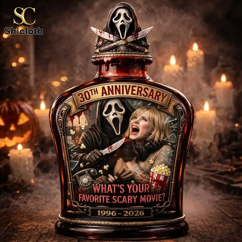 Close up of horror anniversary bottle with masked figure artwork!