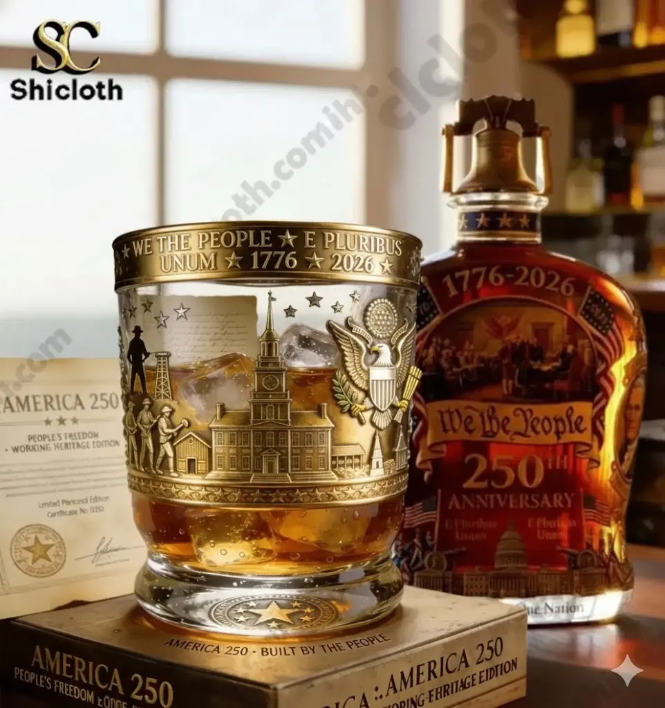 Patriotic whiskey glass and bottle celebrating America 250 anniversary!