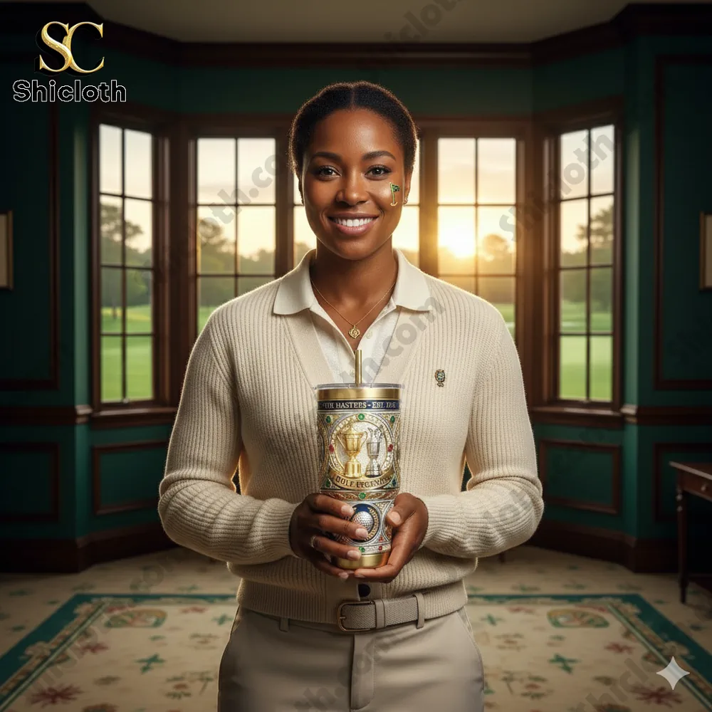 A smiling woman holding a luxury golf themed insulated tumbler indoors!