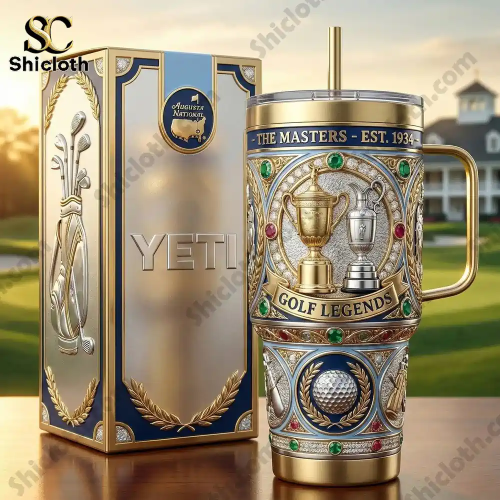 Luxury golf themed insulated tumbler displayed with gift box on a golf course!