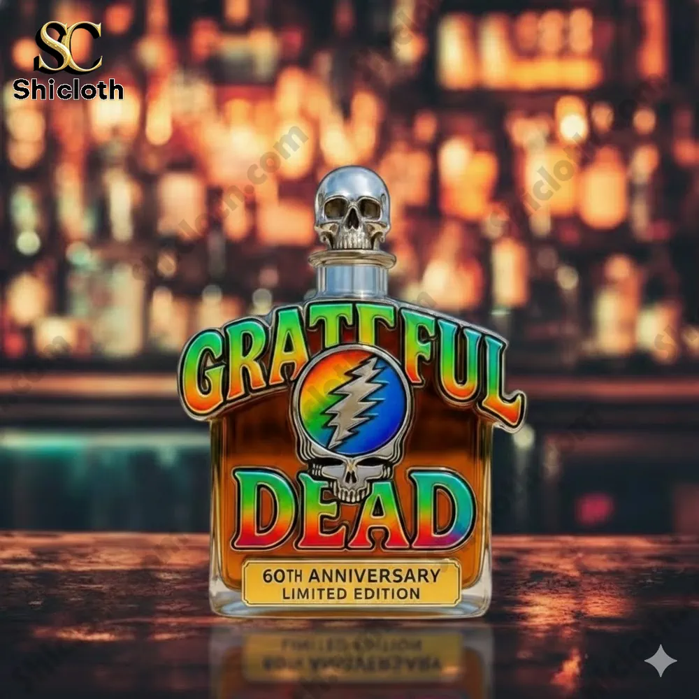 Close up of Grateful Dead whiskey bottle on bar table!