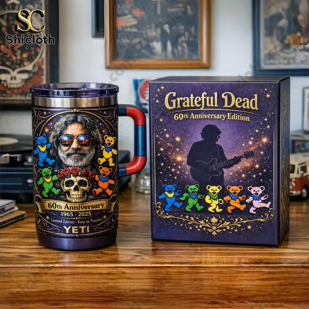 Grateful Dead anniversary travel mug with gift box on wooden table!