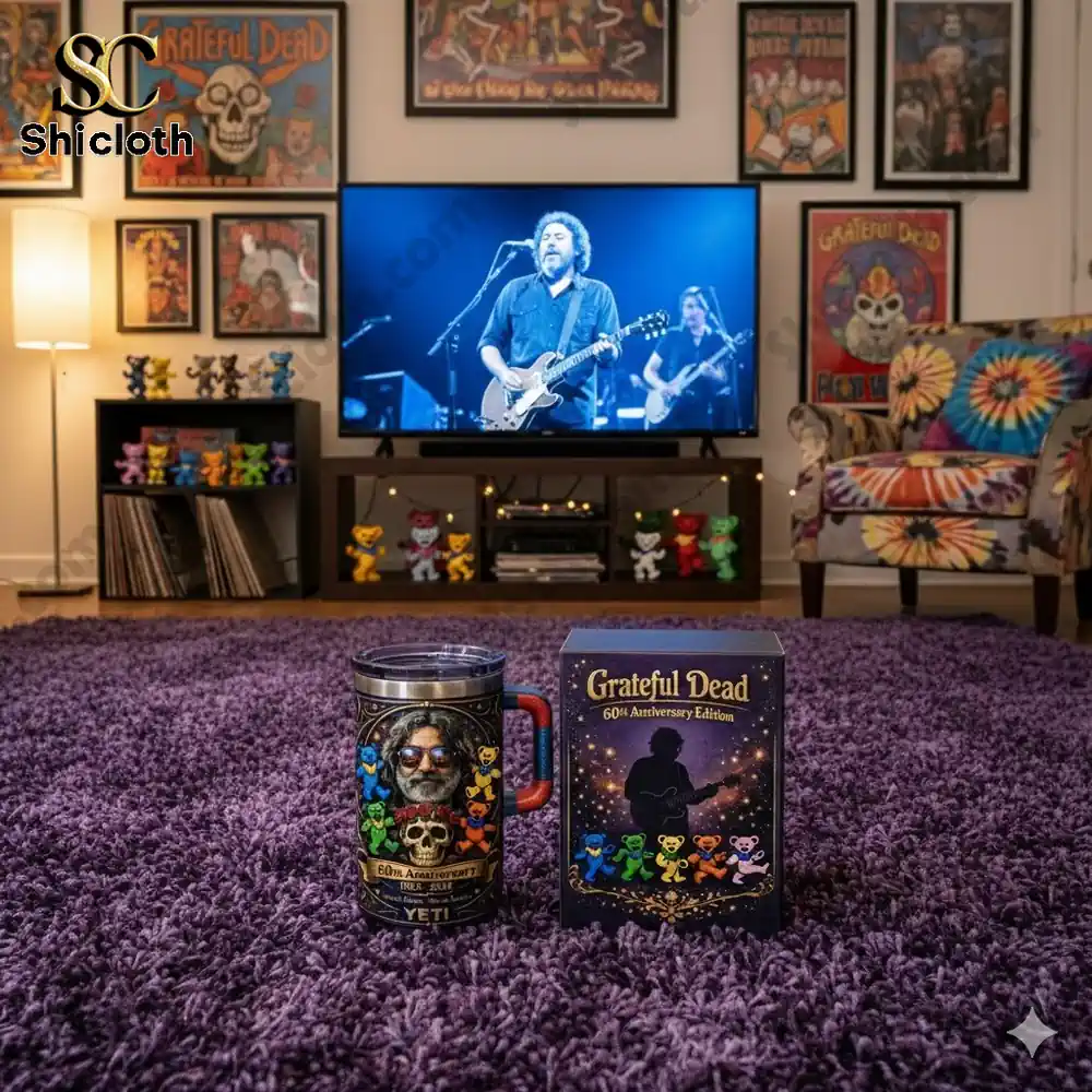 Grateful Dead travel mug and gift box displayed in themed living room!