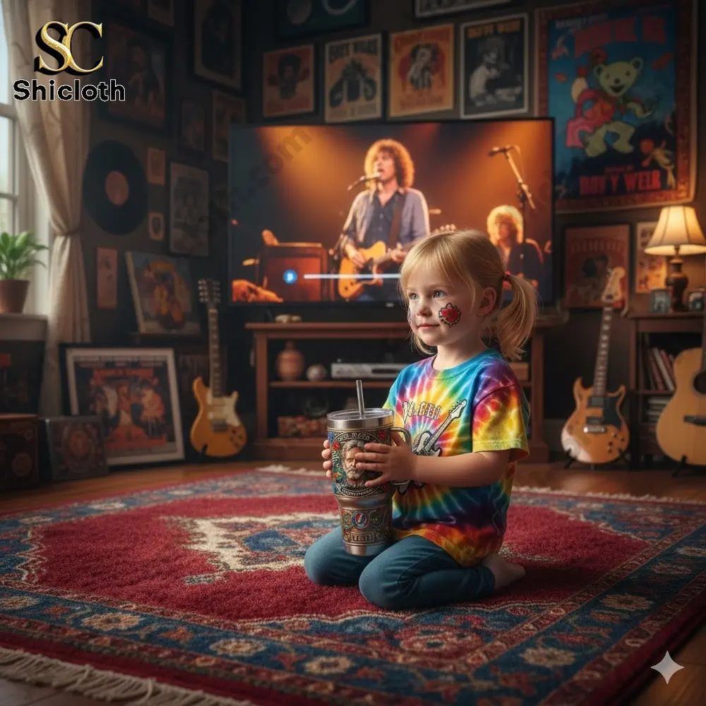 Child sitting on rug holding Grateful Dead Bob Weir themed tumbler in music room.