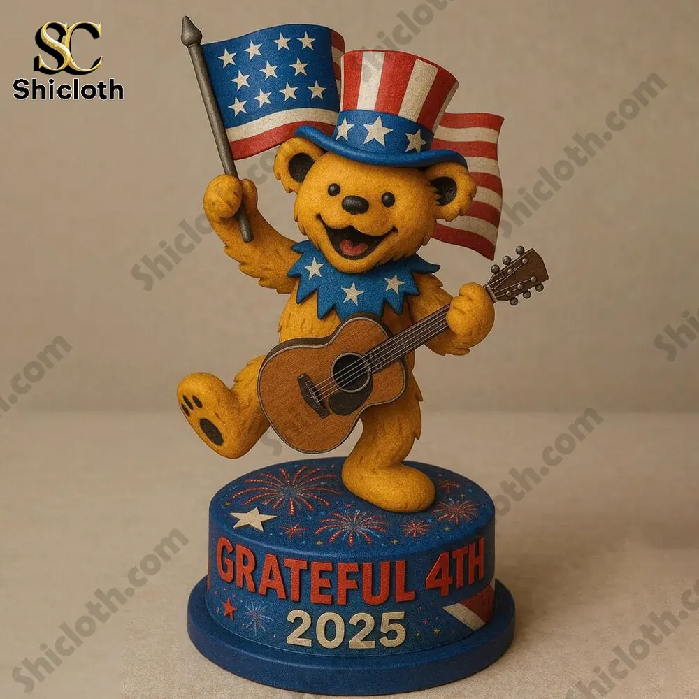 Patriotic bear ornament holding flag and guitar on display!