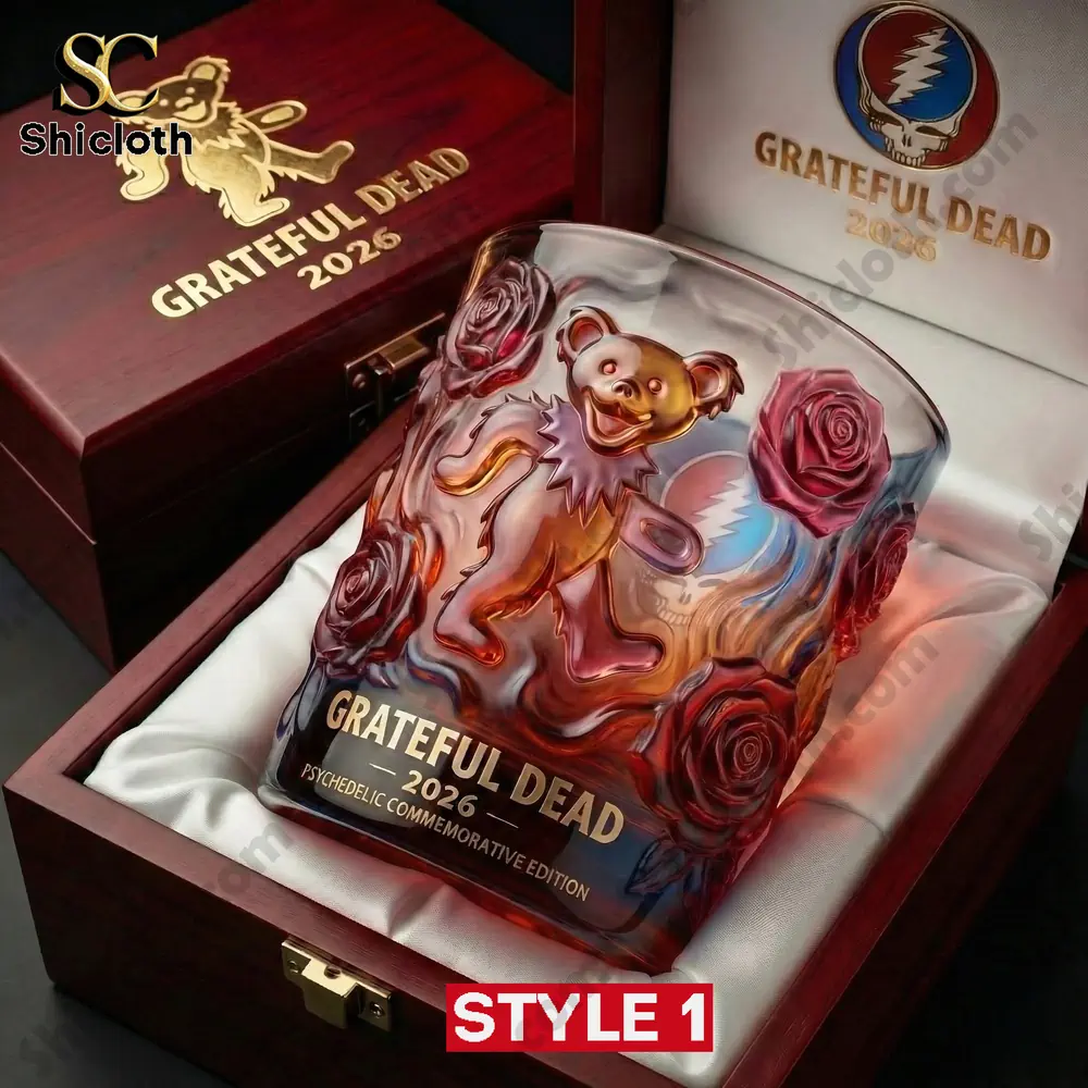 Grateful Dead psychedelic glass with dancing bear and roses in wooden box.
