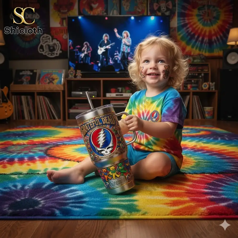 Toddler wearing tie dye outfit holding Grateful Dead Yeti mug in music room!