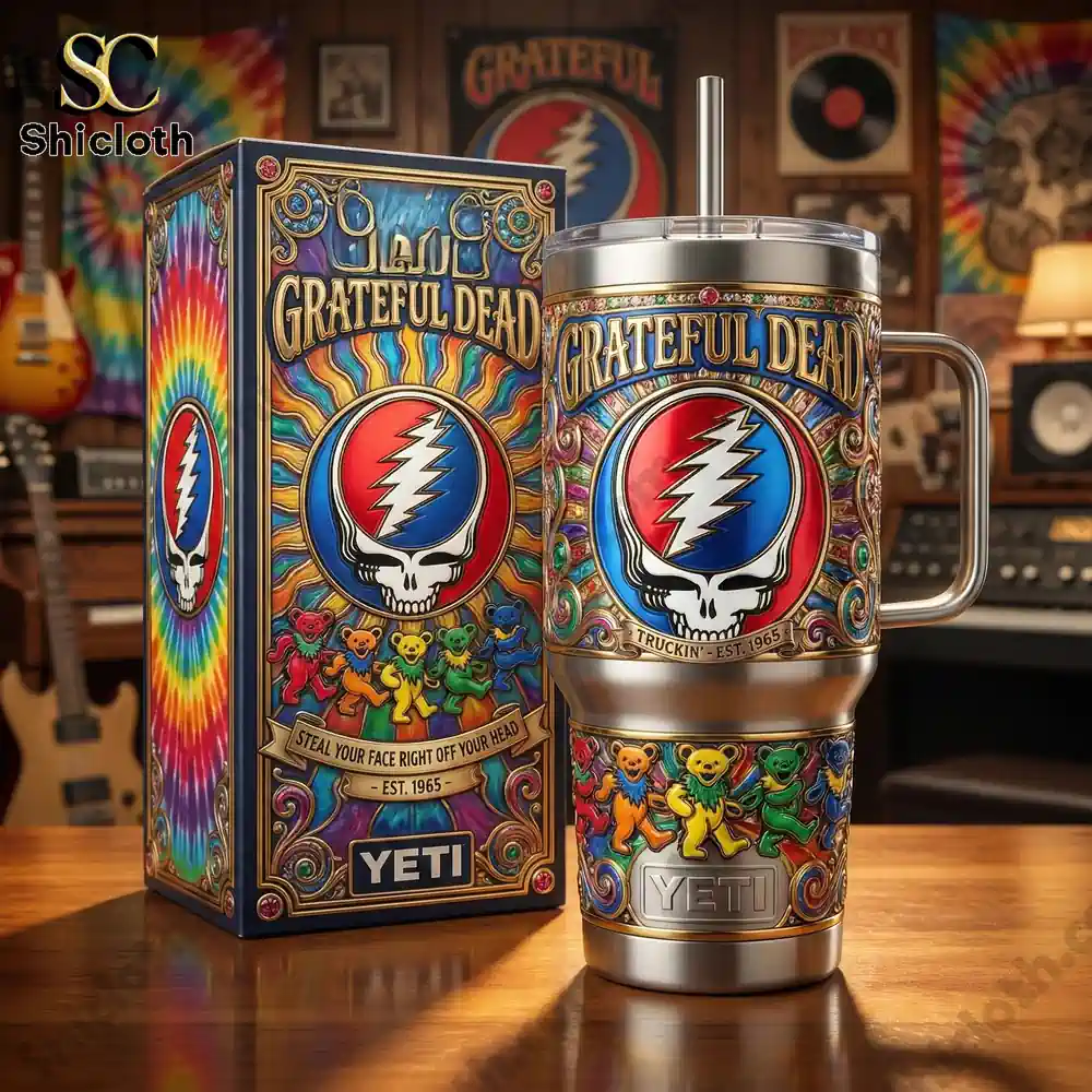 Grateful Dead Yeti mug with decorative box on wooden table!