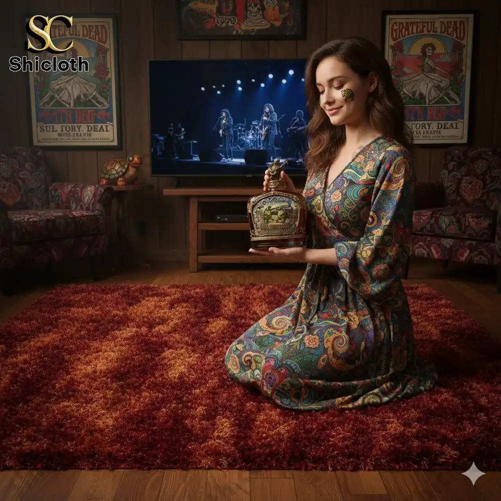Woman holding decorative terrapin whiskey bottle in vintage living room!