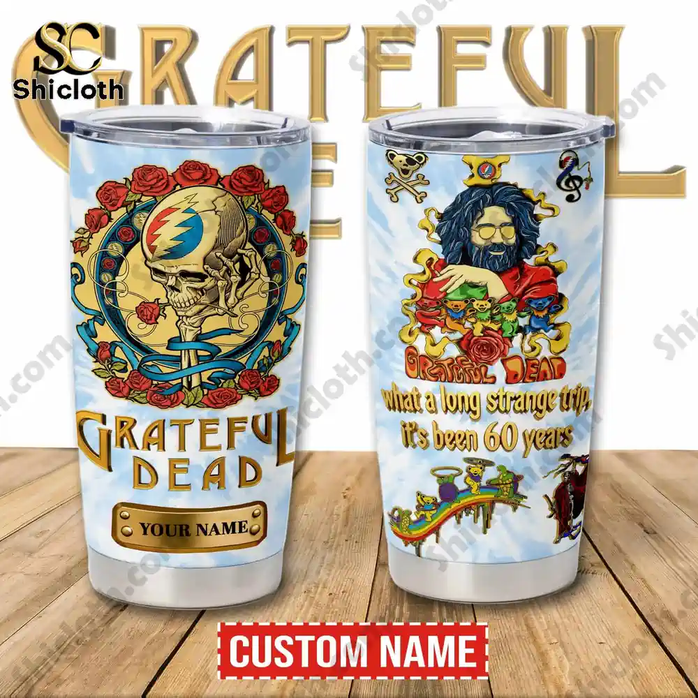 Grateful Dead themed stainless tumbler with skull and roses design!