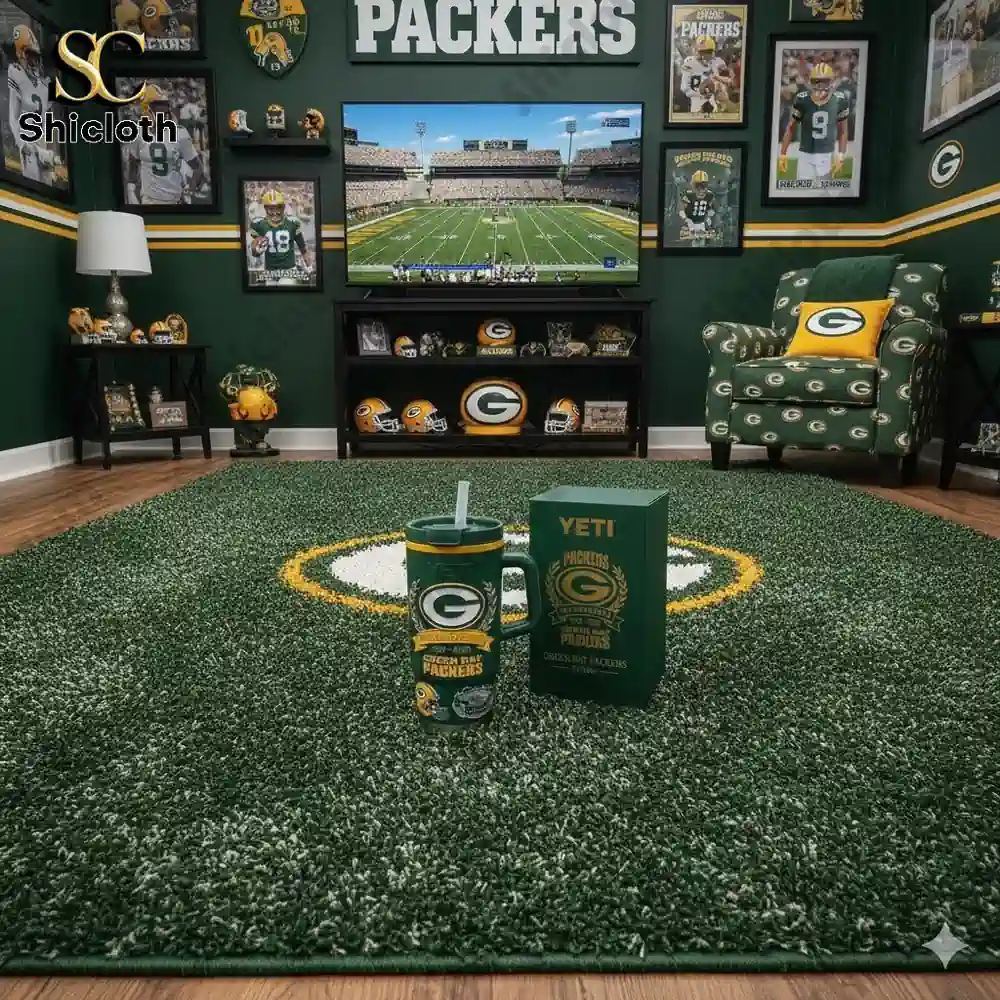 Green Bay Packers themed room with Yeti mug display.