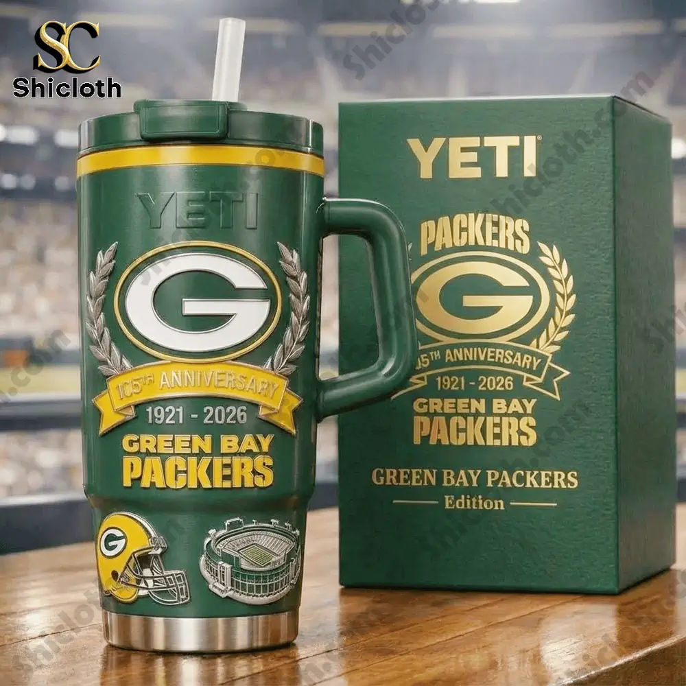 Green Bay Packers Yeti mug with green gift box.