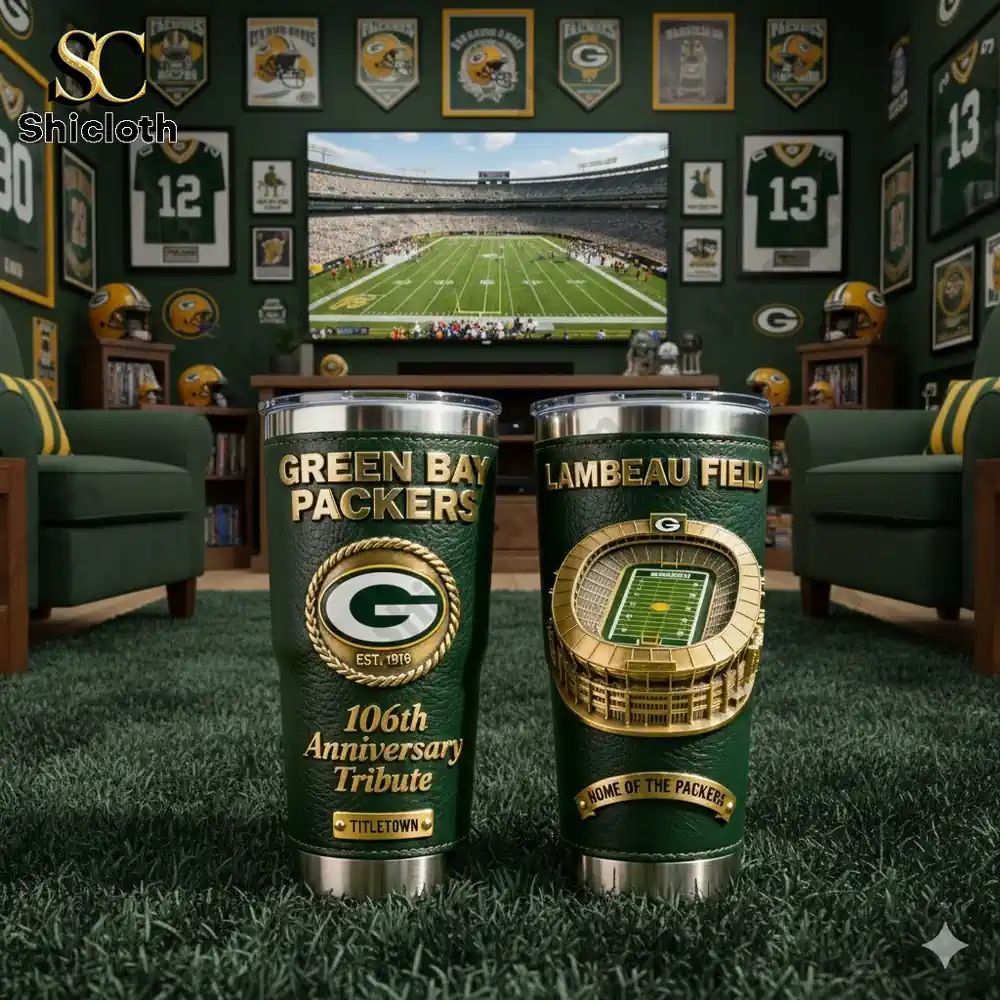 Green Bay Packers anniversary tumblers displayed in a themed fan living room!