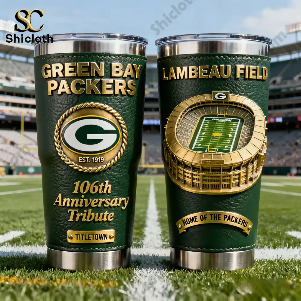 Green Bay Packers anniversary tumblers on football field background!