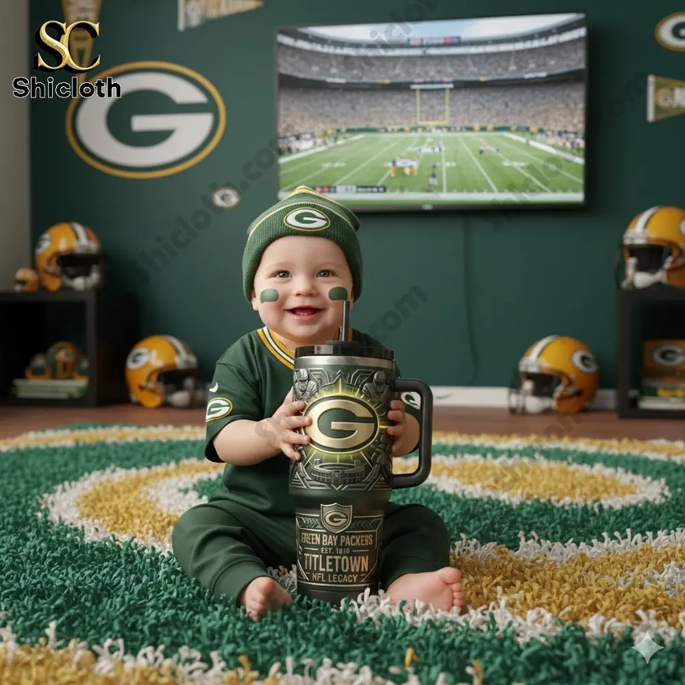 Baby wearing Green Bay Packers outfit holding a large themed tumbler in a football fan room!