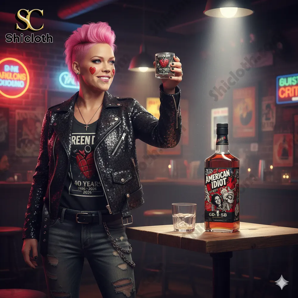 Punk rock artist holding Green Day anniversary whiskey glass in a bar.