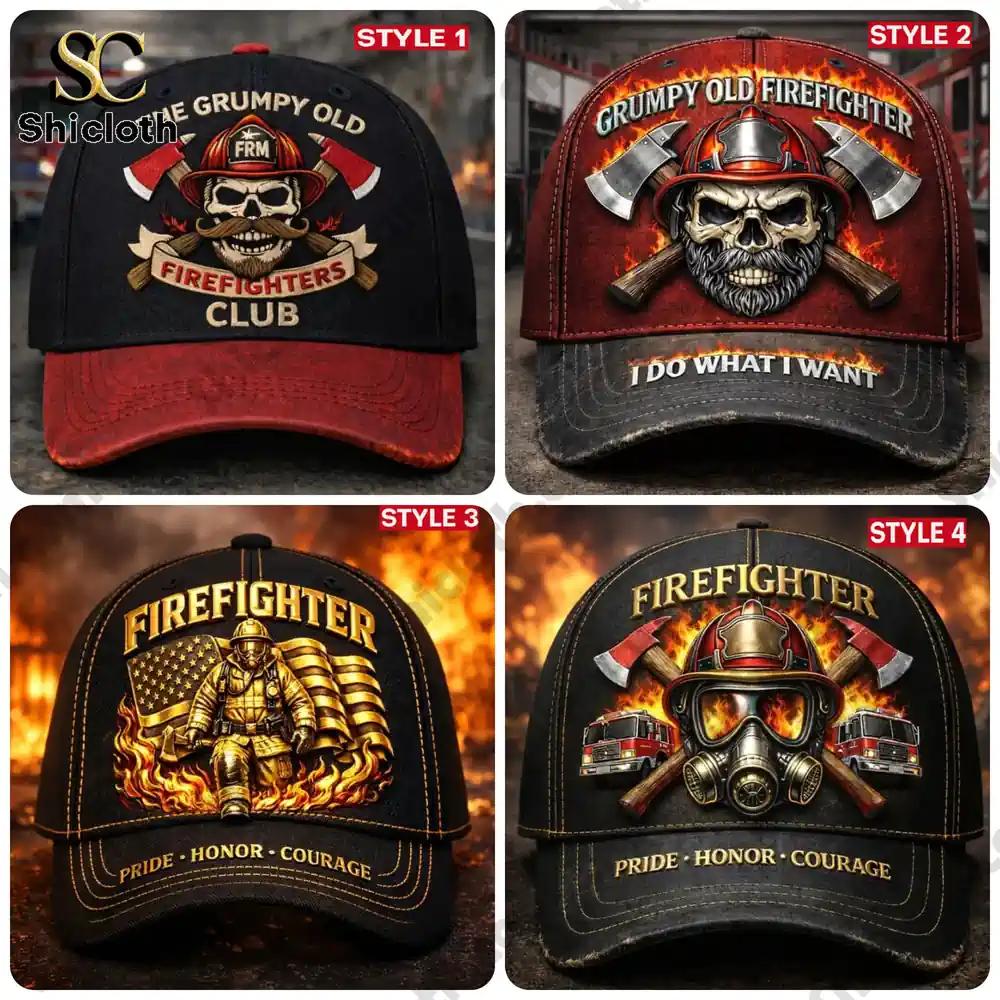 A firefighter hat featuring a skull with crossed axes and the "Grumpy Old Firefighters Club" text, in front of a blurred fire truck background.