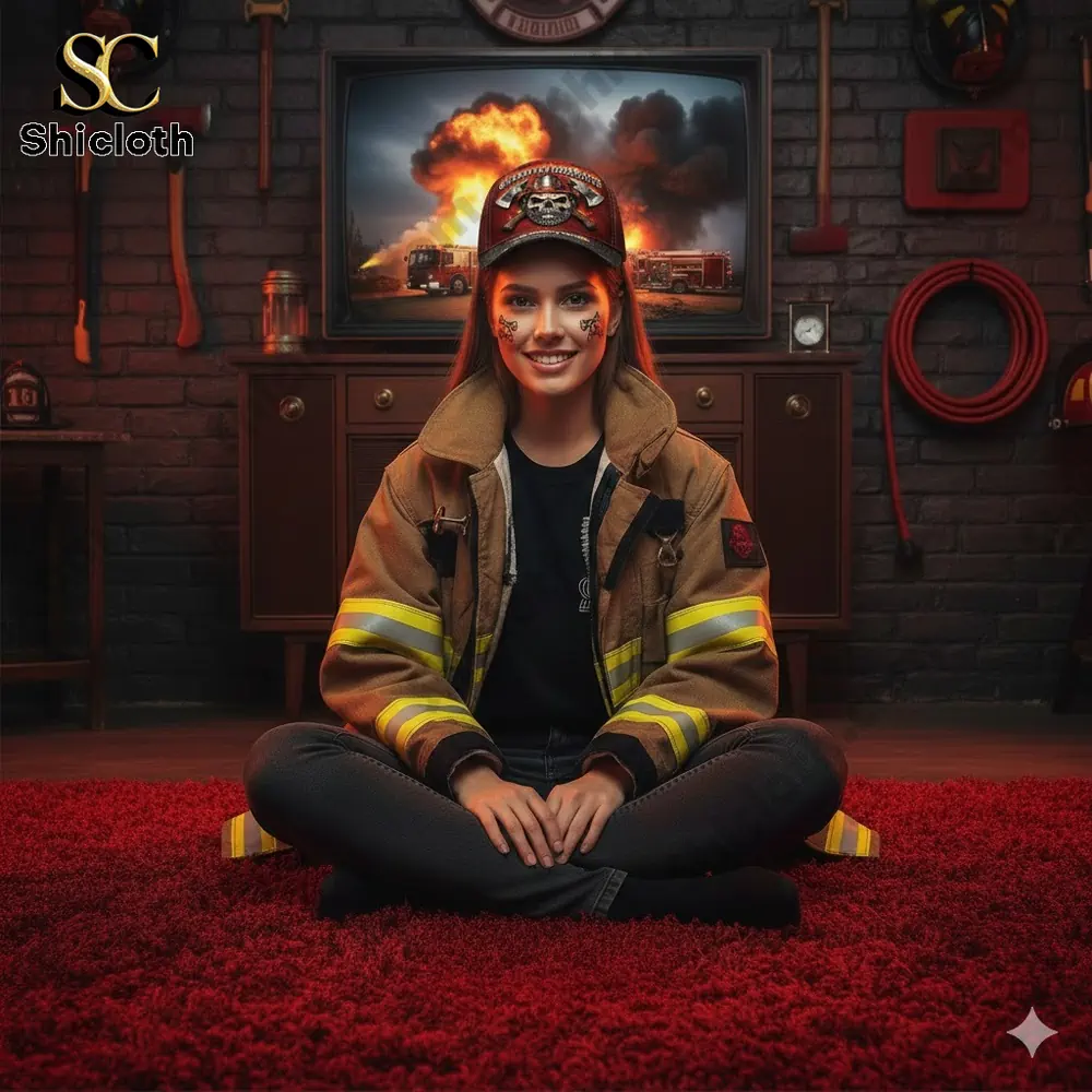 A close-up of a firefighter hat with a skull, axes, and the words "Grumpy Old Firefighter Club," with a blurred fire truck in the background.