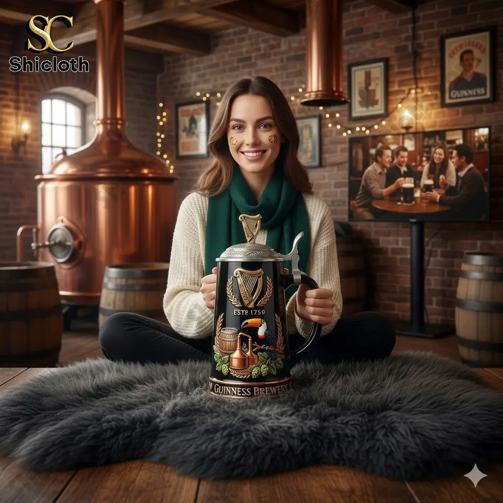 Woman holding a Guinness brewery heritage beer stein in a traditional brewery setting!