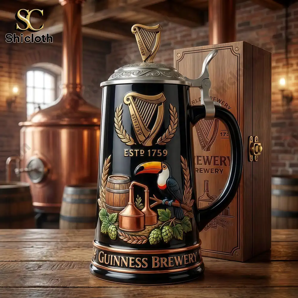 Close up of a Guinness brewery heritage beer stein with classic embossed design!