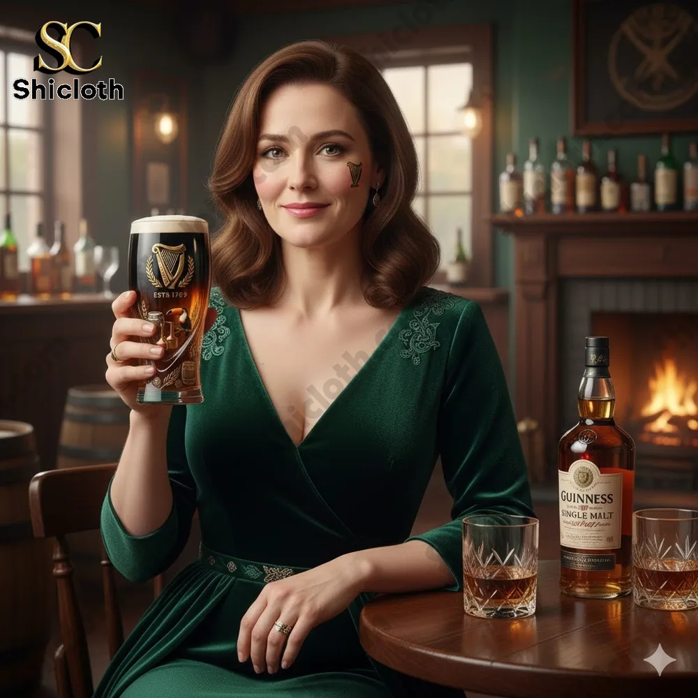 Woman holding a Shicloth stout glass in a cozy pub!