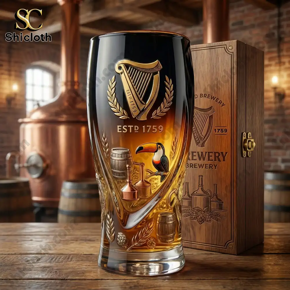 Shicloth engraved stout glass with wooden box in brewery!