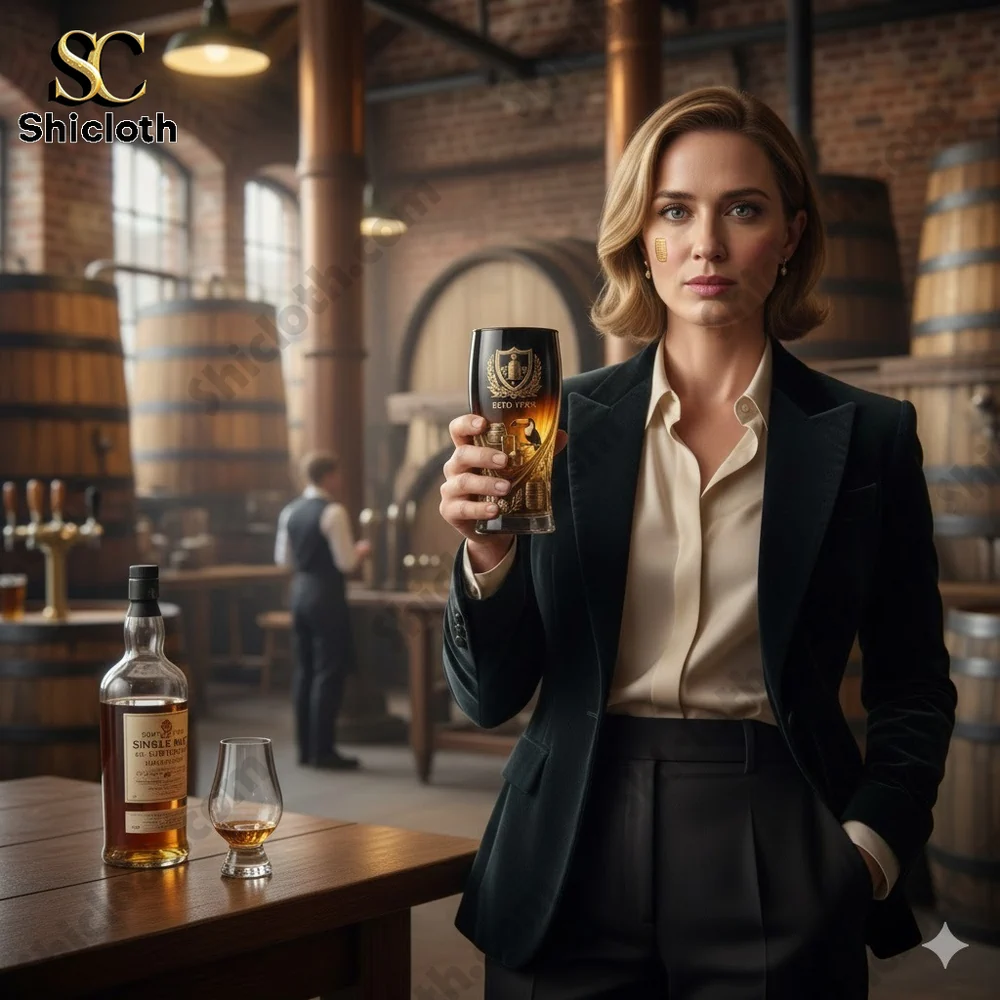 Elegant woman holding a premium whiskey glass inside a traditional distillery!