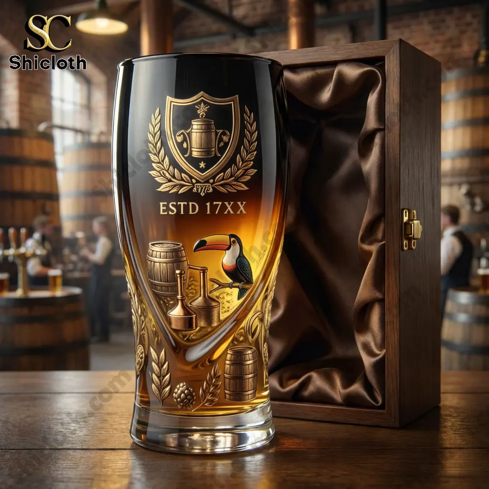 Premium engraved whiskey glass with wooden gift box on a distillery table!
