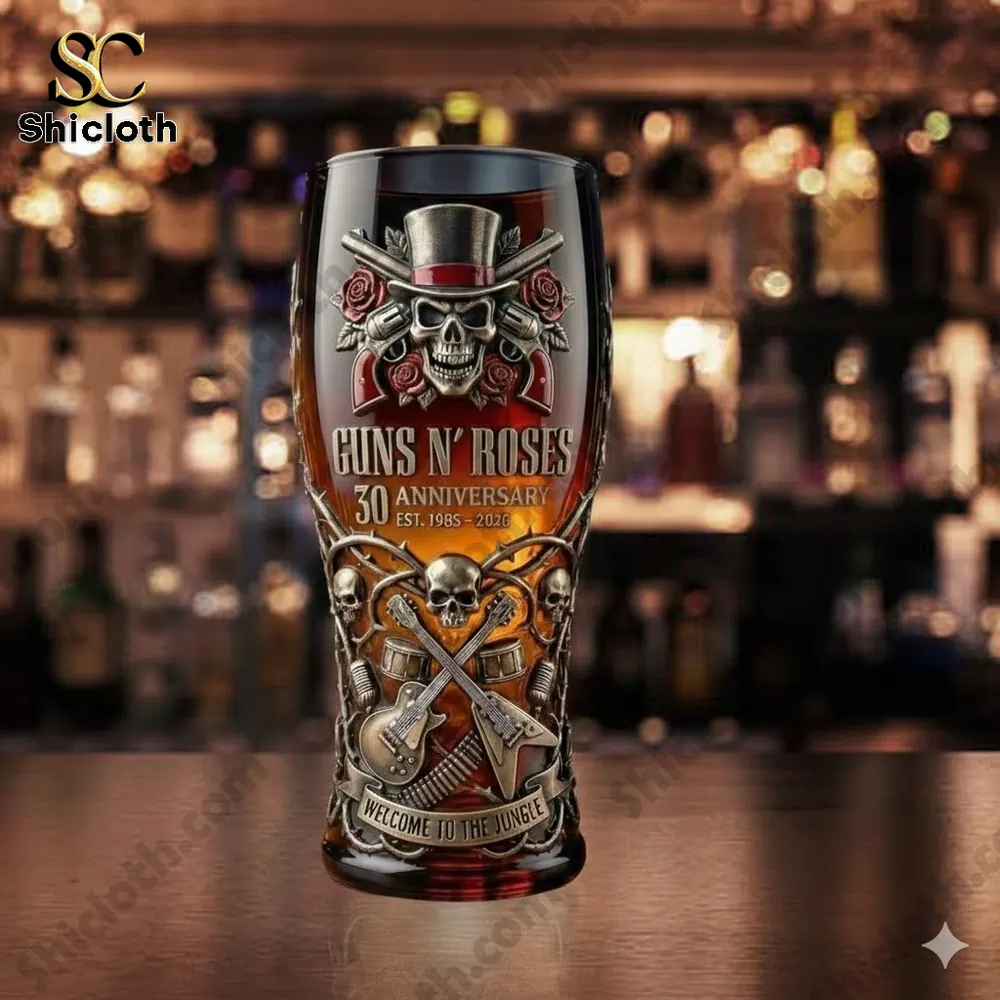 Guns N Roses themed beer glass on a bar counter!