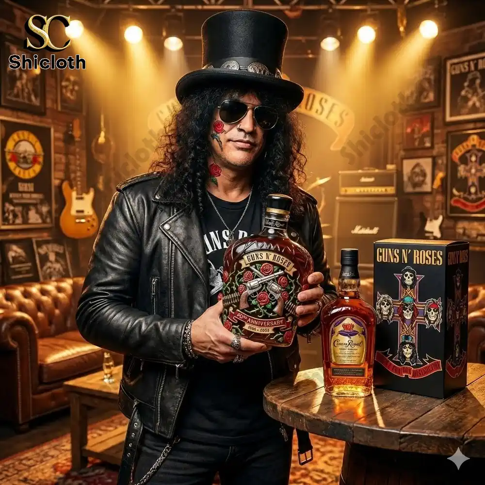 Rock musician holding Guns N Roses anniversary whiskey bottle on stage!