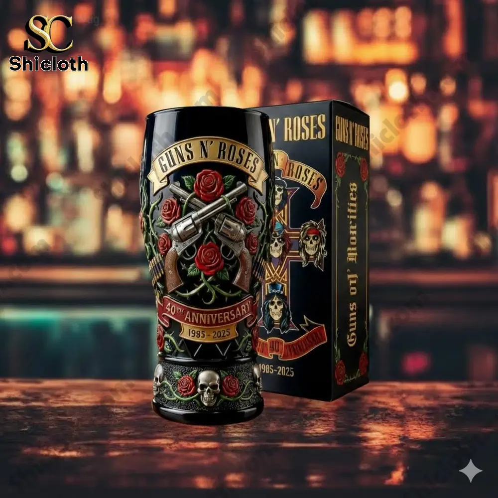Guns N Roses anniversary beer glass with box on bar counter!