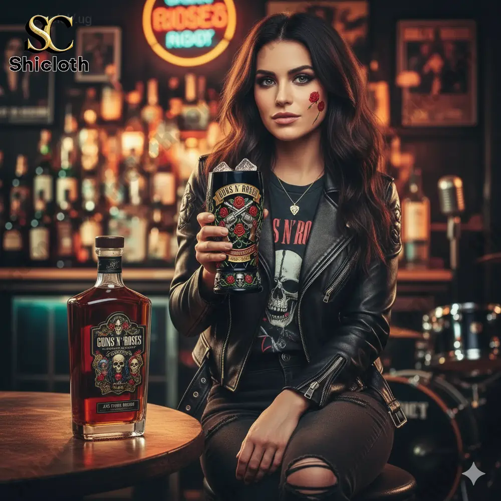 Woman holding Guns N Roses anniversary beer glass in bar!
