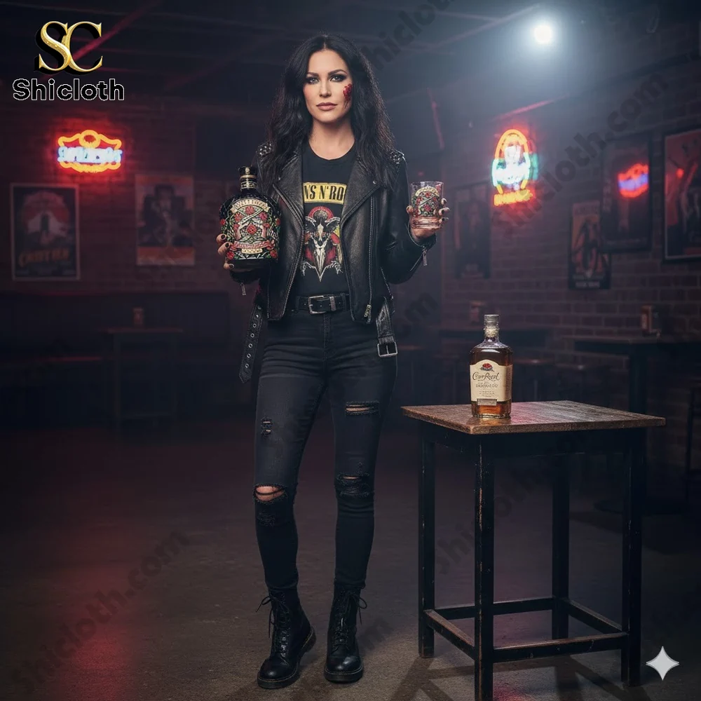 Woman holding a Guns N Roses themed bottle and glass in a rock style bar setting!