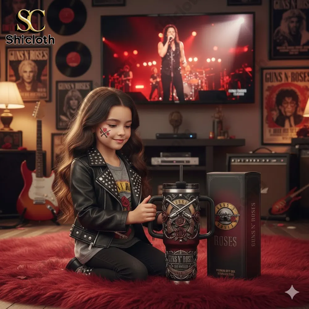 Child holding Guns N Roses tumbler in rock music room.