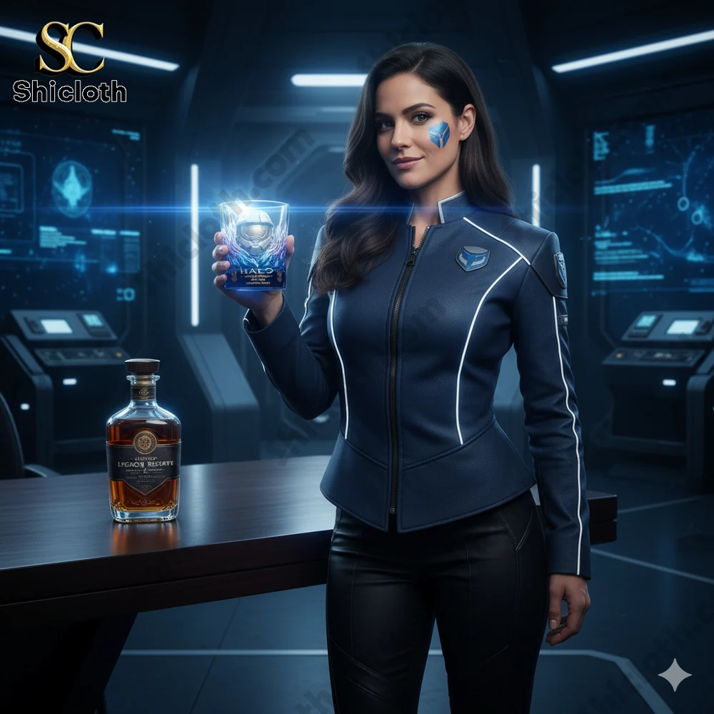 Woman holding Halo themed glass in futuristic room!