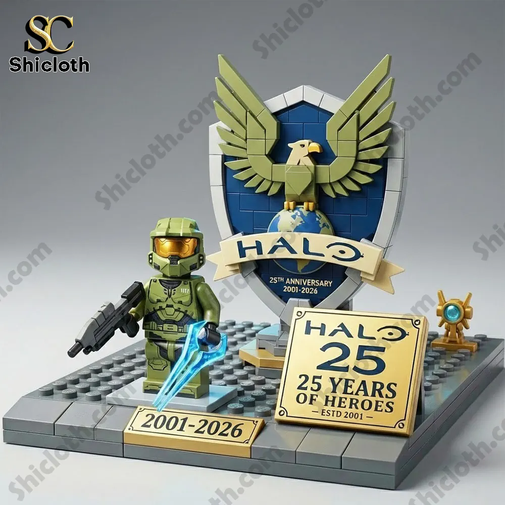 Halo anniversary brick display with green armored hero and emblem on platform!